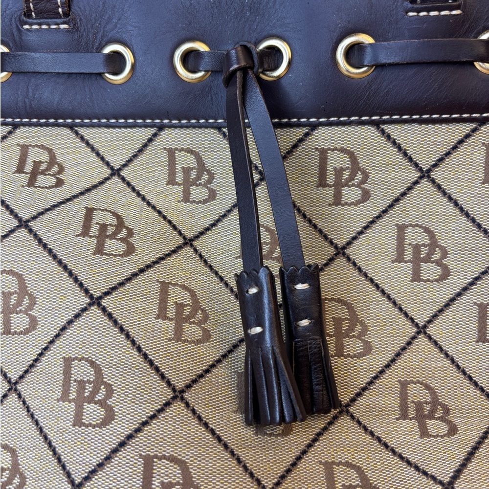 Dooney & Bourke Monogram Canvas Shoulder Bag Brown Leather Trim Tassel Beige - Picture 2 of 16